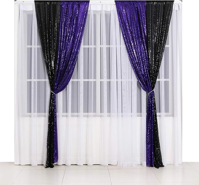 Poise3EHome 2ft x 8ft Purple Sequin Photography Backdrop Curtain 2 Panels for Halloween Party Decoration - Image 7