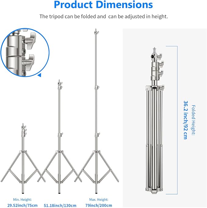 NEEWER 2PCS Light Stand Kit, 79"/200cm Stainless Steel Heavy Duty Tripod Stand with 1/4" to 3/8" Adapter for Studio Softbox, Monolight, Reflector - Image 3