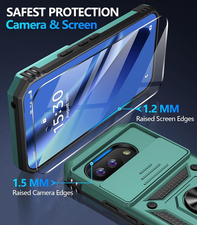Taisairu for Google Pixel 10A Case with Screen Protector & Slide Camera Lens Cover,Built-in 360°Rotate Magnetic Ring Stand Shockproof Protective Phone Case for Google Pixel 10A Case (Green) - Image 7