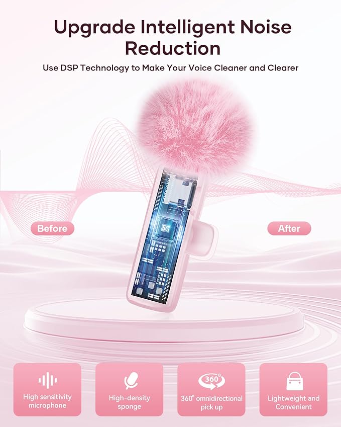 Wireless Microphone for iPhone iPad and Android Phone, 2 Pack Wireless Lavalier Lapel Mic with Noise Reduction, Plug and Play Mini Microphone for Video Recording Interview YouTube TikTok Vlog (Pink) - Image 5
