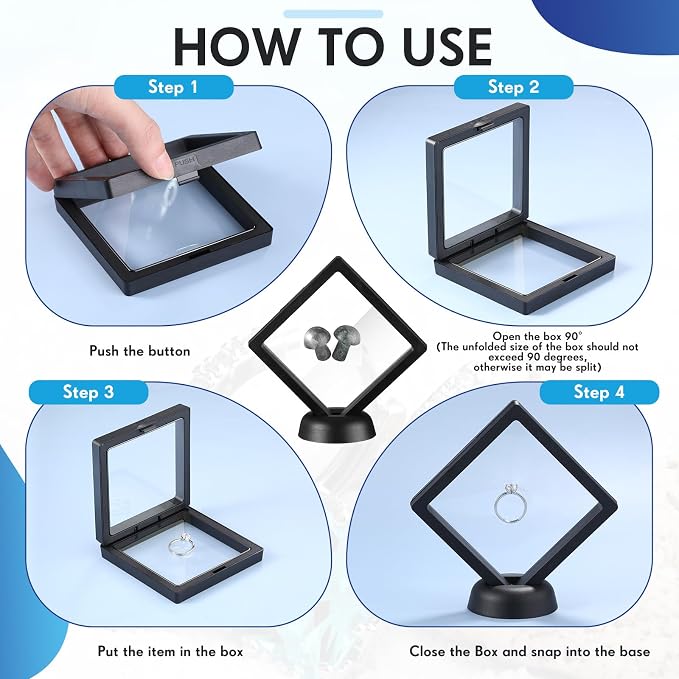 FairySandy 60 Pcs Floating Display Case Box, 3.5 Inch, Black | 3D Floating Frames with PE Film for Challenge Coin, medal, Jewelry Storage Box, Small Display Holder, Stand Base Included - Image 4