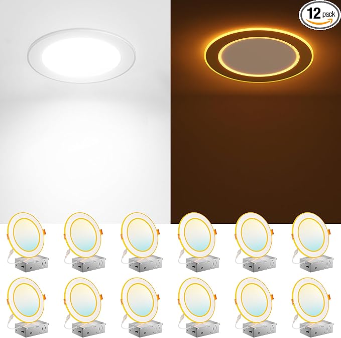 Amico 12 Pack 6 Inch 5CCT LED Recessed Light with Double Ring Night Light | 2700-5000K Selectable Ultra-Thin Recessed Ceiling Lighting, 12W=110W, 1100LM, Dimmable Canless Wafer Downlight, ETL, FCC by Amico