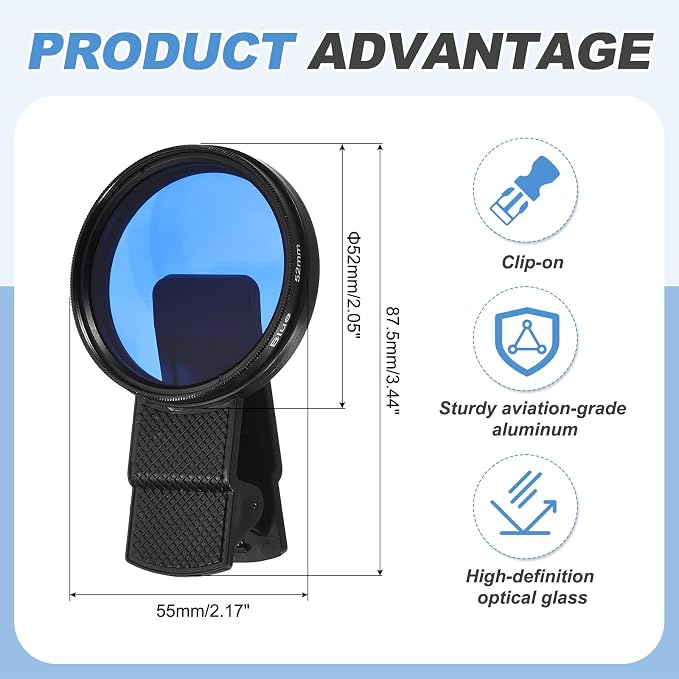 PATIKIL 52mm Phone Camera Lens, Clip-On Full Color Filter Circular Polarizing Lens for Most Smart Phones and DSLR Cameras, Blue - Image 2