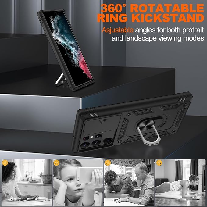 Gritup for Galaxy S22 Ultra Case Military-Grade Shockproof with Kickstand | with 2 PCS Screen Protector, Slide Camera Cover, Heavy Duty Outdoor Protection Funda para Samsung S22 Ultra Cover, Black - Image 8