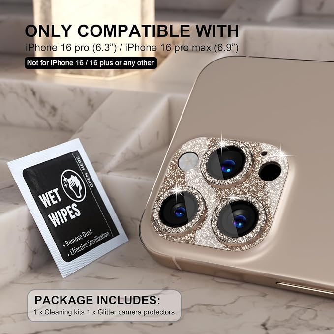 Choiche for iPhone 16 Pro/iPhone 16 Pro Max Camera Lens Protector | Bling Camera Cover with 9H Tempered Glass Lens Screen Protector Metal Ring Decoration Accessories (Glitter-Titanium Desert) - Image 2
