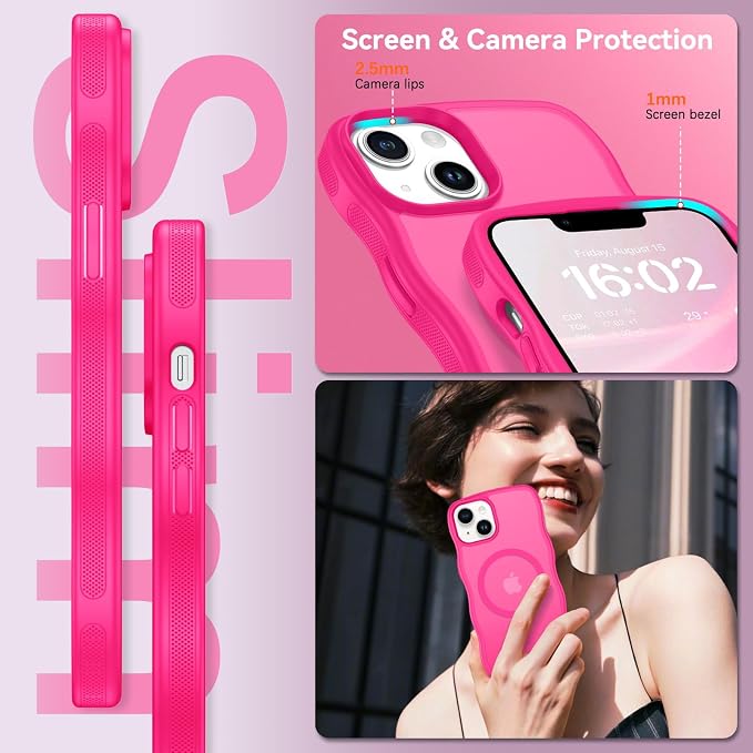 BENTOBEN Magnetic for iPhone 13 Case iPhone 14 Case, Cute Wavy [Compatible with MagSafe] Matte Anti-Slip Bumper Women Girls Boys Protective Cover for 13/14 6.1" Hot Pink - Image 2