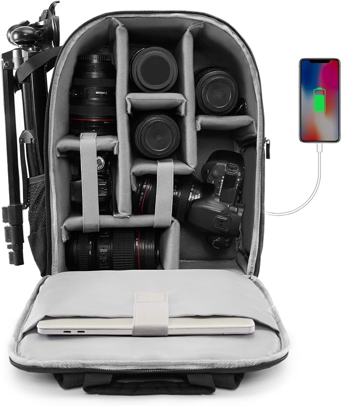 CADeN Camera Backpack Bag for DSLR/SLR Mirrorless Camera Waterproof with 15.6 inch Laptop Compartment, USB Charging Port, Tripod Holder, Rain Cover, Camera Case Compatible for Sony Canon Nikon Black L by CADeN