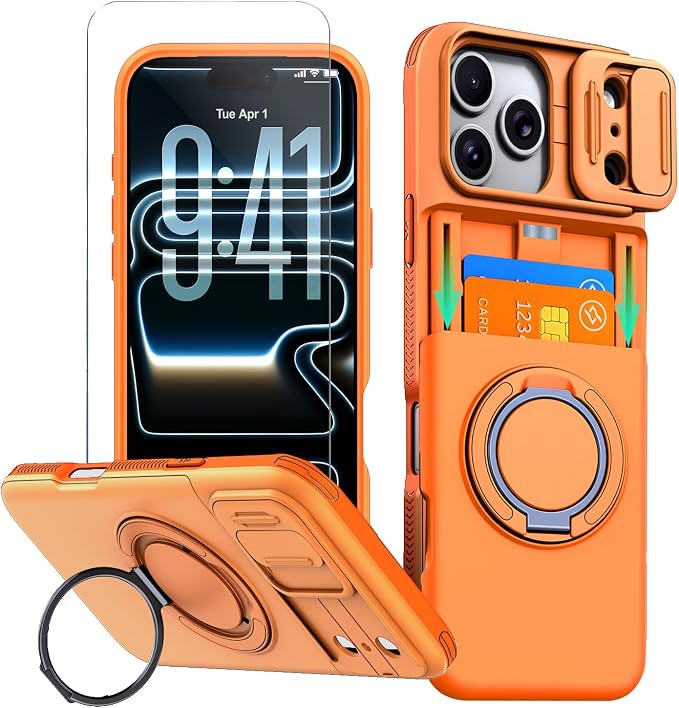 for iPhone 17 Pro Wallet Case with Card Holder Slide Camera Cover Ring Stand Kickstand Heavy Duty Protective Case with Screen Protector for iPhone 17 Pro (Orange) by Benbenjaytek