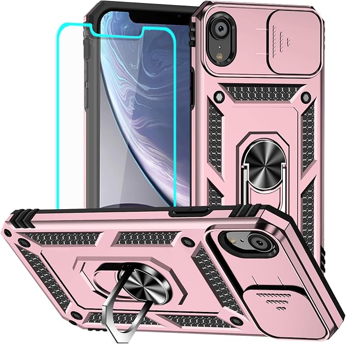 HNHYGETE for iPhone XR Phone Case with HD Screen Protector: [Military Grade 20ft. Drop Tested] Slide Camera Cover Ring Shockproof Protective Phone Case for - iPhone XR (Rose Gold) by HNHYGETE