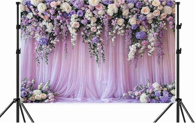 7x5ft Purple Lavender Floral Bridal Backdrop Wedding Flower Photography Backdrop for Girl Portrait Baby Shower Birthday Party Decor Banner Mother's Day Party Wall Backdrop Studio Photo Backgrounds - Image 6