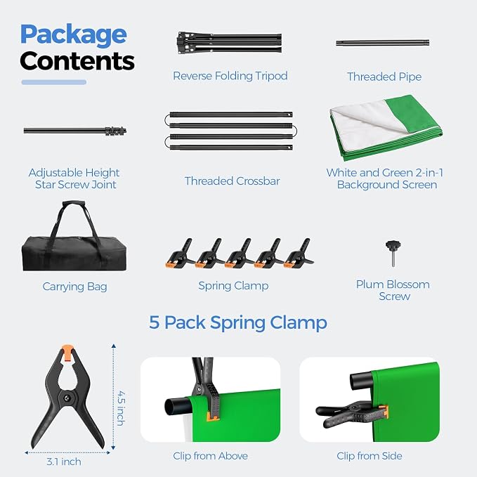 EMART 5x7ft White Green Screen Backdrop Kit with T-Shape Stand and 6 Clamps | Reverse folding base for easy storage & transport，perfect for Photography, Photoshoot, Studio Video Recording, Streaming - Image 7