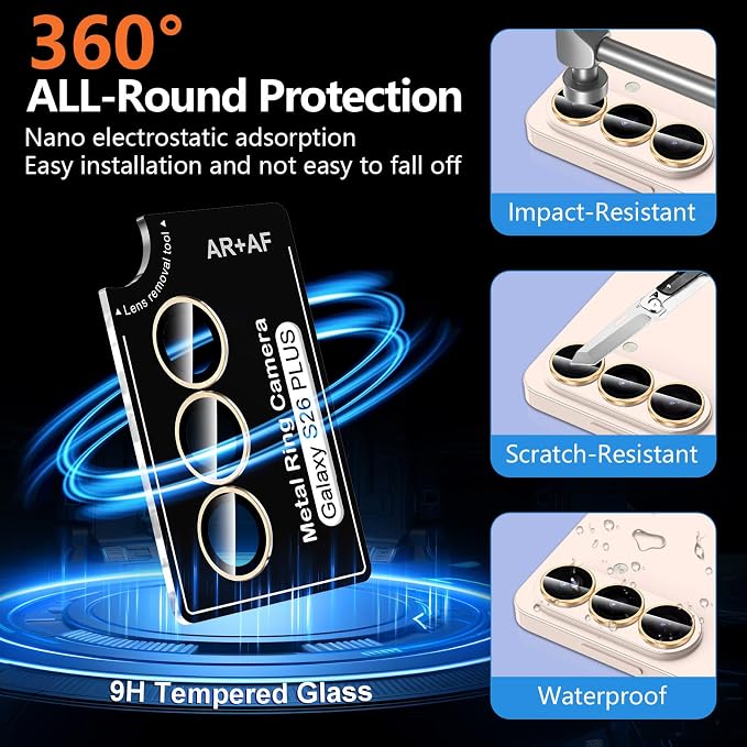 for Samsung Galaxy S26 Plus Camera Lens Protector, Individual Metal Ring Tempered Glass Lens Cover, [Strong Adsorption] Scratch Resistant Ultra-Thin HD Clear Lens Cover, 1 Set-Gold Ring - Image 2