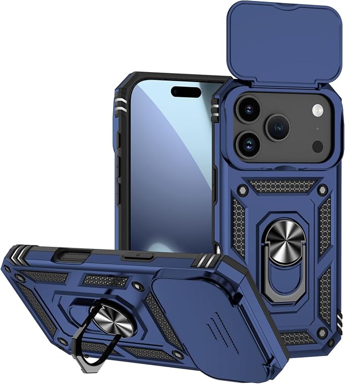 SunStory Phone Case for iPhone 17 Pro Case with HD Screen Protector & Slide Camera Cover & Rotated Ring Kickstand, [Military-Grade] Phone Case for for iPhone 17 Pro, Blue - Image 9