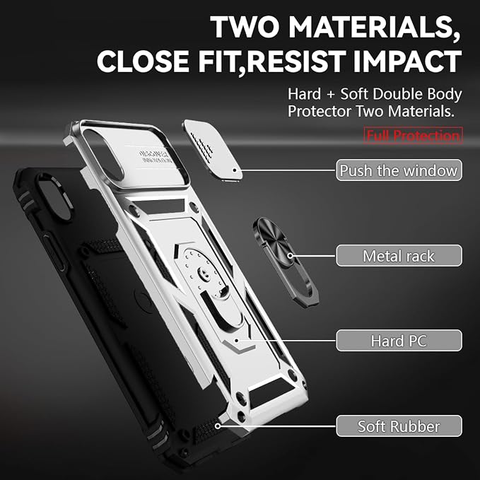 HNHYGETE for iPhone XR Phone Case with HD Screen Protector: [Military Grade 20ft. Drop Tested] Slide Camera Cover Ring Shockproof Protective Phone Case for - iPhone XR (Silver) - Image 5