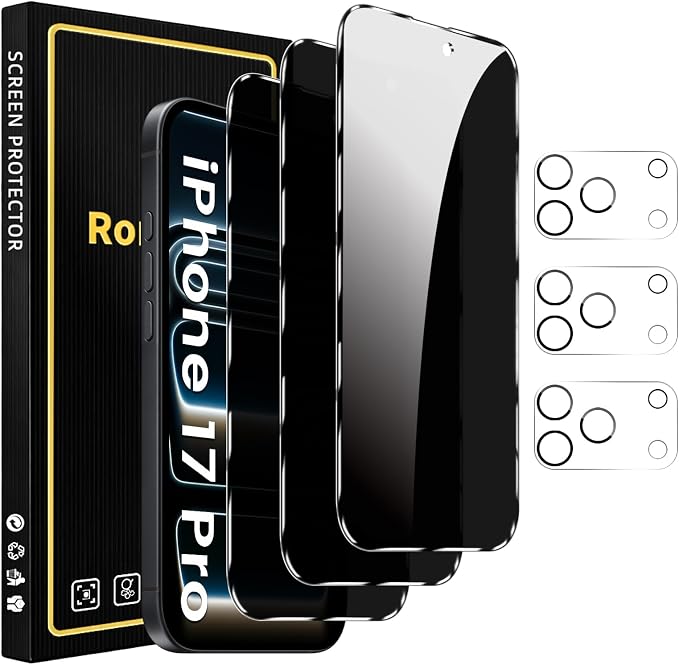 Romkasi 3 Pack Privacy Screen Protector for iPhone 17 Pro 6.3 Inch with 3 Pack Camera Lens Protector, Anti Spy Tempered Glass Film, Anti-Scratch, Touch Sensitive, Case Friendly by Unknown