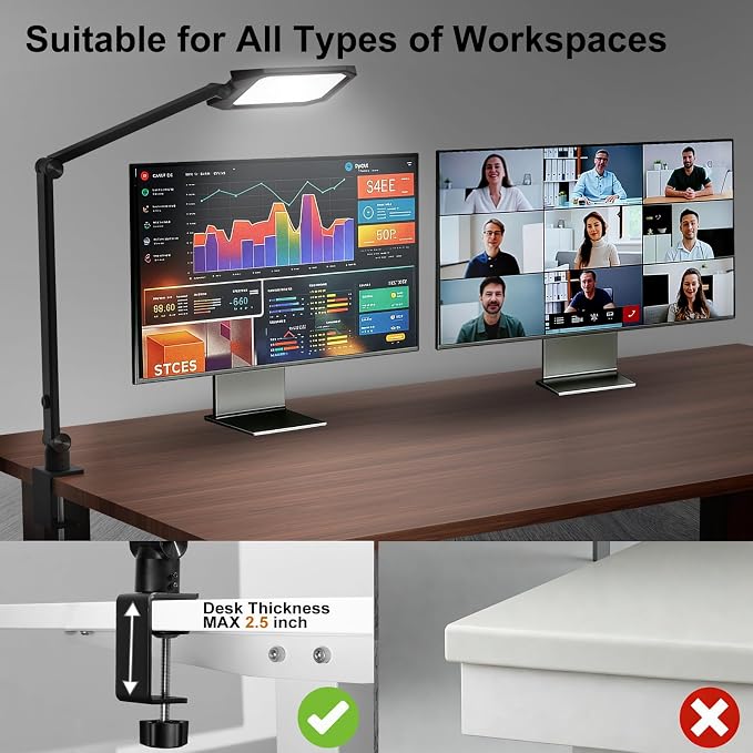 NS LED Desk Lamp 2 Pack for Home Office, Desk Lamp with Webcam Light for Video Calls, Dimmable 3000K-6500K Desk Light with Remote, Timer, Memory, Adjustable Swing Arm, CRI95+ - Image 6