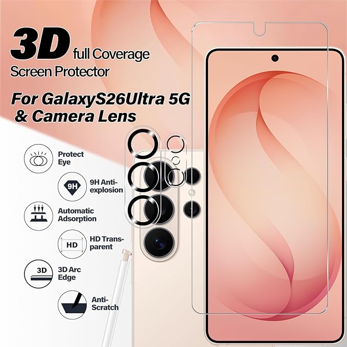 Galaxy S26 Ultra Tempered Glass Screen Protector + Camera Lens Protector [2 + 2 Pack][Case Friendly][Anti-Scratch][Ultrasonic Fingerprint Unlock]HD Protective Film for Samsung Galaxy S26 Ultra - Image 2