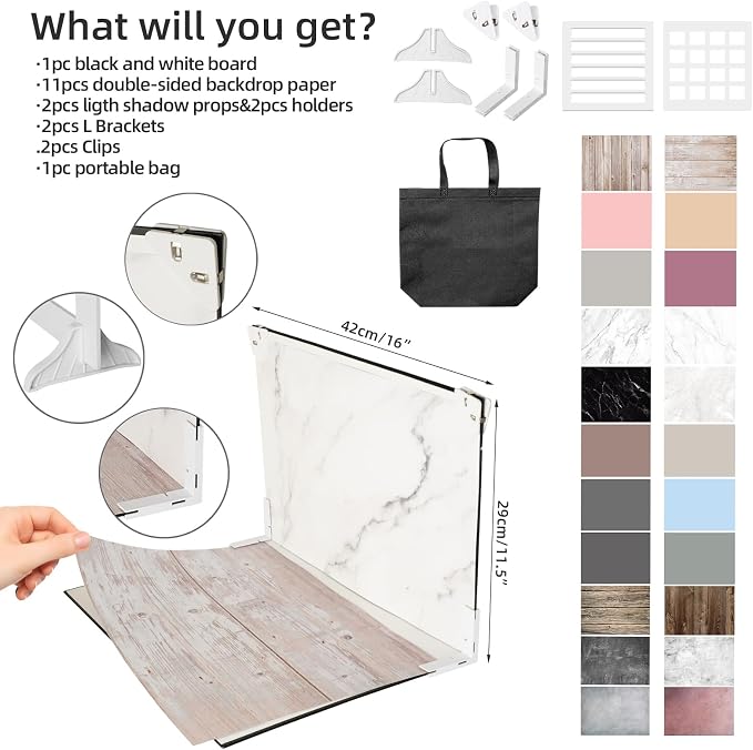 Compact Product Photography Backdrop Kit, 16.5x11.7in 22 Patterns | Matte Low-Glare Backgrounds, 2 Shadow Boards, 10s Setup and 3s Changes for Small Product Photos by Sellers and Creators - Image 6