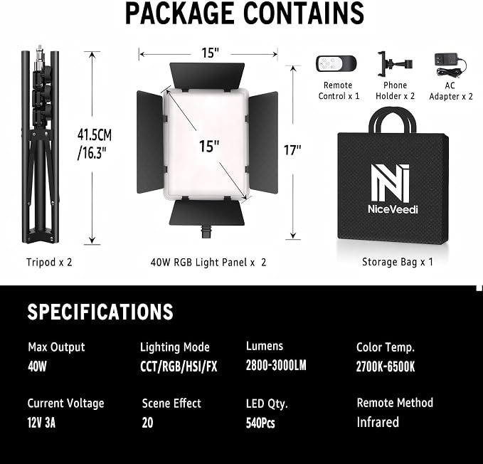 NiceVeedi 2-Pack RGB Photography Lighting with 20 Effects, 40W/360° Full Color/2700-6500K Studio Lights with Remote & Display, Video Light for Video Recording/Photography/Streaming/YouTube/TikTok - Image 8