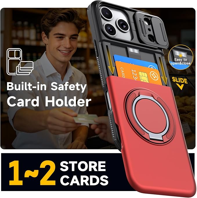 for iPhone 17 Pro Wallet Case with Card Holder Slide Camera Cover Ring Stand Kickstand Heavy Duty Protective Case with Screen Protector for iPhone 17 Pro (Red) - Image 3