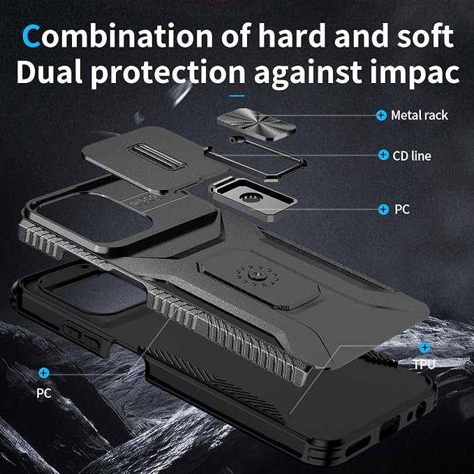 for Moto G 5G 2025 Case,with Sliding Camera Lens Cover,HD Screen Protector,360° Rotating Ring Kickstand,AYMECL Military-Grade Shockproof Protective Cover for Motorola Moto G 5G 2025,Black - Image 5