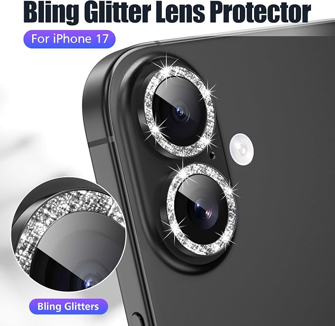 AGVEE 3+3 6 Pack for iPhone 17 Camera Lens Protector Cover | Individual Bling Diamond & Bling Glitter Sparkle Cute Gem Metal Ring, 9H Tempered HD Glass - Image 5