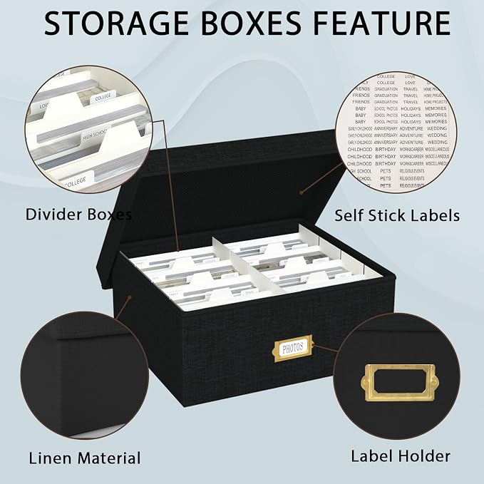 Decorative Photo Storage Box, Linen Photo Box Holds 1700 4x6 Pictures Black | Photo Storage Containers with 8 Dividers, Memory Keepsake Organizer for Photos, Scrapbook Supplies, Cards, Stamps,Archive Box - Image 3