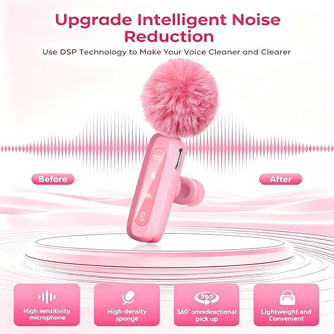 Pink Wireless Lavalier Microphone for iPhone/Android, 60ft Transmission, Record While Charging, Ultra-Long Battery Life, Noise Reduction, Plug & Play, for Vlog TikTok YouTube (Pink) - Image 2
