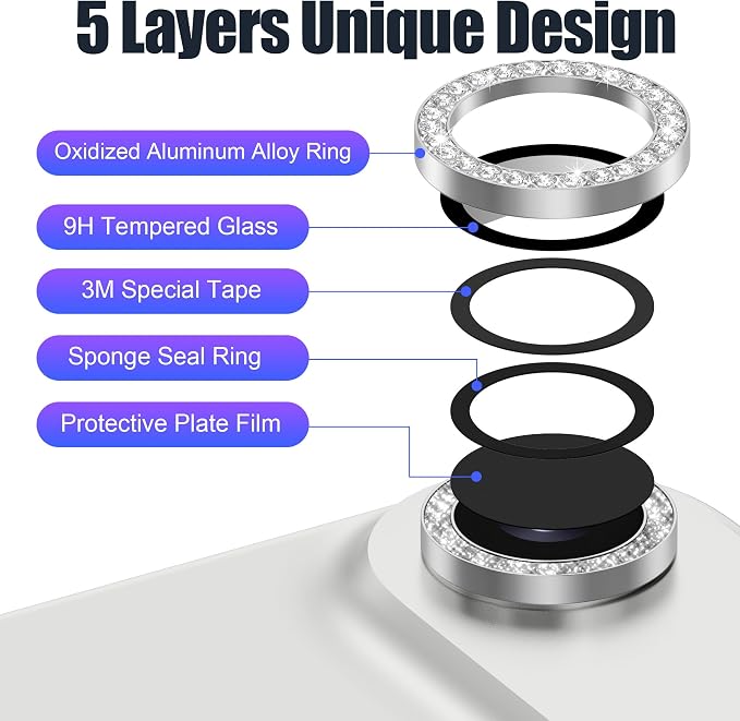 AGVEE 3+3 6 Pack for iPhone Air Camera Lens Protector Cover | Individual Bling Diamond & Bling Glitter Sparkle Cute Gem Metal Ring, 9H Tempered HD Glass - Image 7