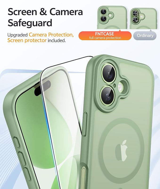 FNTCASE for iPhone 17 Case, Compatible with Magsafe, Glass Screen Protector | Full Camera Protection, Translucent Matte, 14FT Military Grade Drop Proof, Shockproof Protective Phone Cover, Light Moss - Image 4