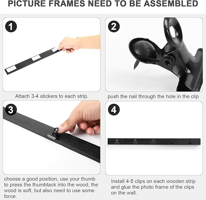 6 Picture Frames Collage Wall Decor With 30 Clips, Wood Photo Frame, No Drilling Required, Adhesive Stickers, Easy to Install, Black. - Image 5