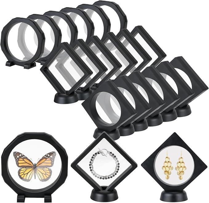 3D Floating Display Case, Transparent Film Jewely Storage Box, Black Challenge Coin Display Holder Stand for Antique Challenge Coins Medals Jewelry Shells Gems Minerals Rocks Specimen Pins (18Pcs) by HOSTK