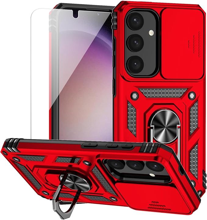 for Samsung Galaxy S24 Plus Case with Camera Lens Cover HD Screen Protector, Military-Grade Drop Tested Magnetic Ring Holder Kickstand Protective Phone Case for Samsung Galaxy S24 Plus (Red) by M+MAIKEZI