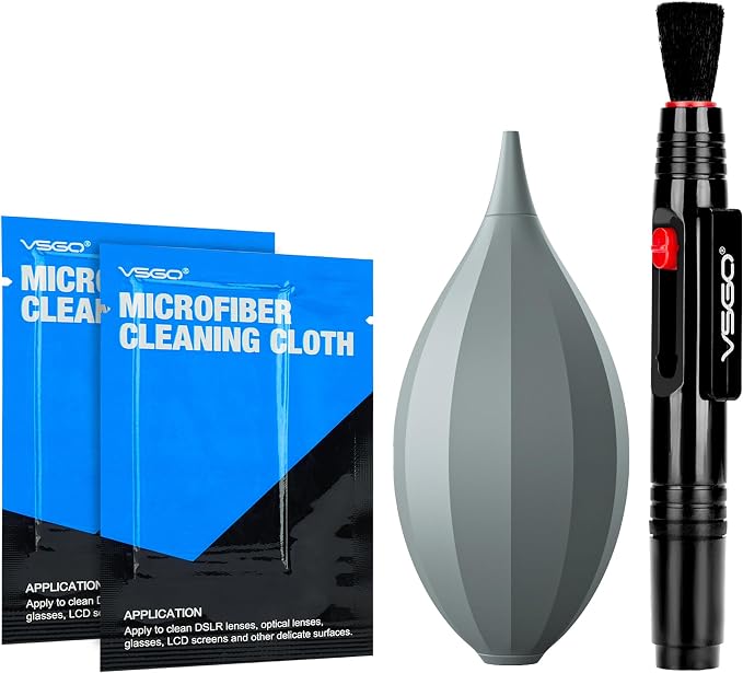 VSGO 4-in-1 Camera Cleaning Kit for Canon, Nikon, Sony DSLR Cameras | Air Blower, Dual-Head Lens Brush Pen, Microfiber Cloths Included, VS-A13E by VSGO