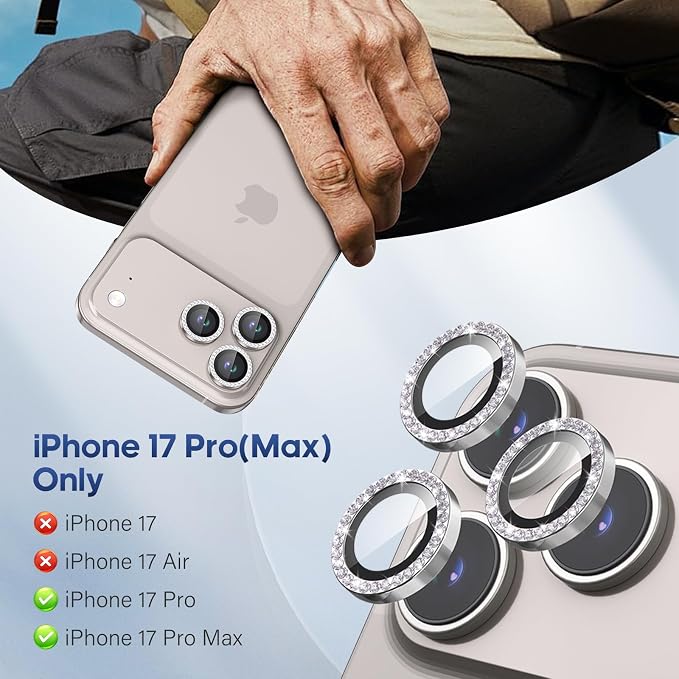 iPhone 17 Pro/17 Pro Max Camera Lens Protector Bling Diamond, Gray | Individual Metal, 9H Hardness, Scratch Resistant, Shockproof, Drop Protection, Case Friendly, Stylish Accessories - Image 2