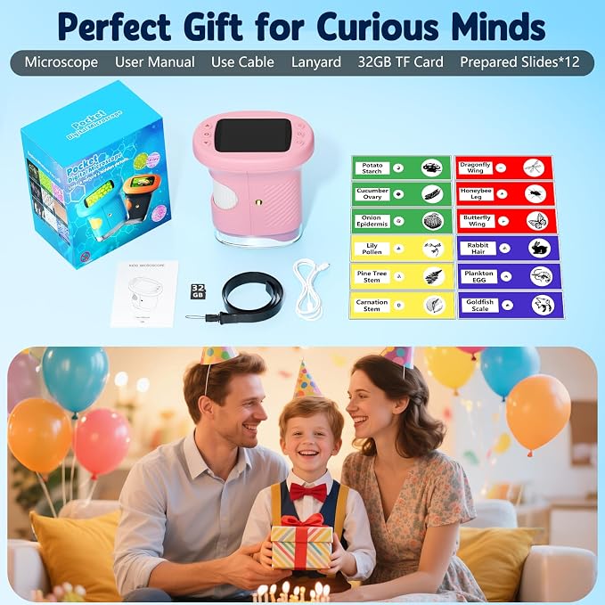 Odatay 4K 1000X Digital Microscope for Kids with Long Distance Viewing & 2.4" Screen, Portable Handheld Edu Toys for Kids Exploring Bugs Plants at Home Classroom & Outdoor Travel, Bright Pink - Image 8