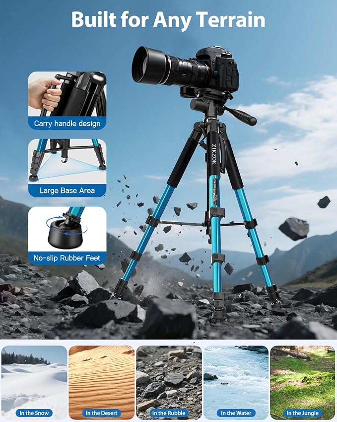 75" Heavy Duty Camera Tripod Stand - Max Load 15LB, Aluminum Travel Tripod for DSLR/Phone/Tablet/Projector, 3-Way Pan Head & Quick Release Plate, Compact Foldable Design (Blue) - Image 6