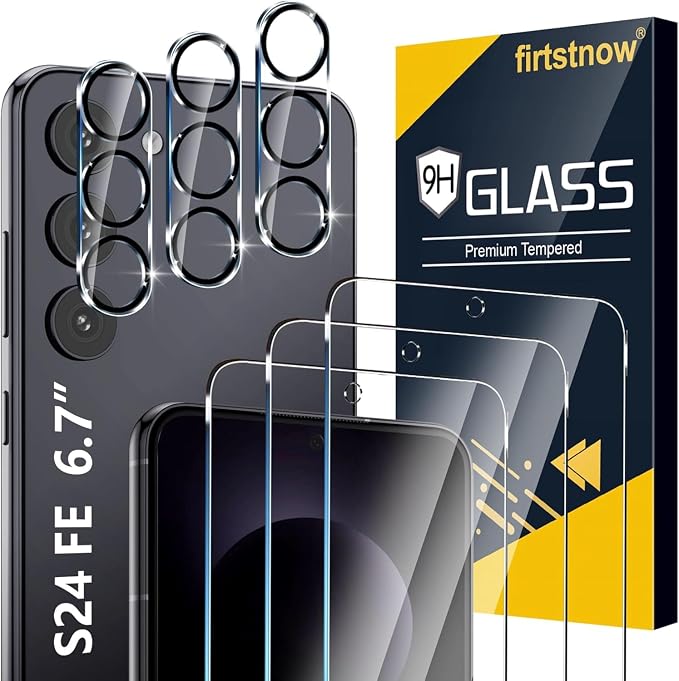 firtstnow 3 Pack for Samsung Galaxy S24 FE Screen Protector Tempered Glass + 3 Pack Camera Lens Protector, Military Grade Shatterproof, 9H Hardness, Fingerprint Unlock, Case Friendly 6.7 Inch by Unknown