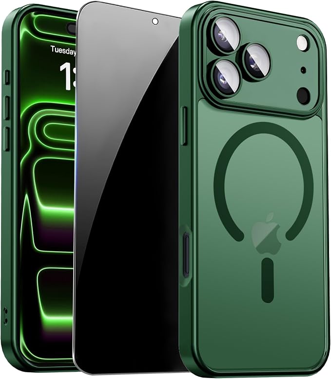 for iPhone 17 Pro Max Case with Privacy Screen Protector, Green | Full Camera Protection, Compatible with MagSafe, Magnetic Translucent Matte Shockproof Phone Cover for iPhone 17 ProMax by ZOZDOKG