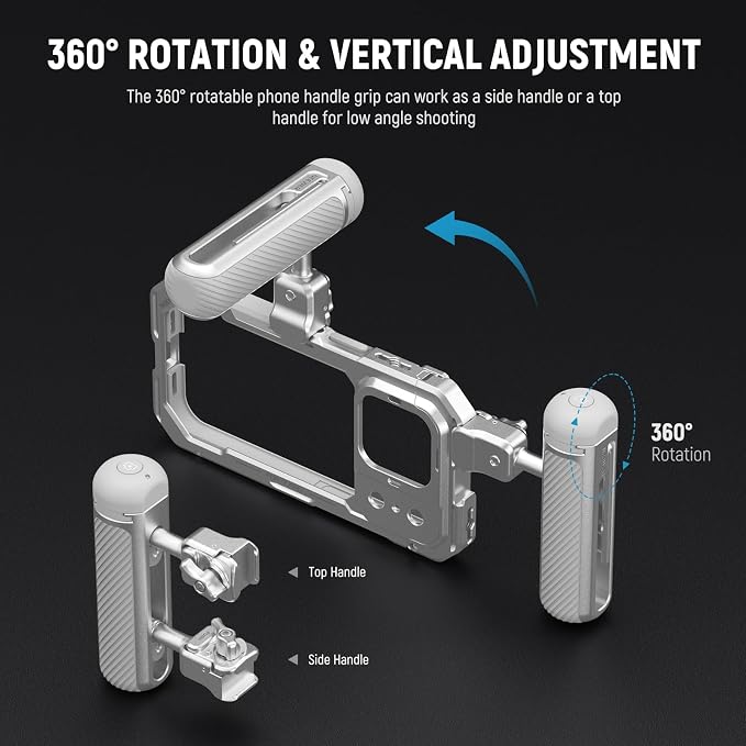 NEEWER Quick Release Side Handle with Detachable Bluetooth Shutter, Anti Off Cold Shoe, 360° Rotation, Compatible with iPhone 16 Pro 16 Pro Max S25 Ultra Phone Cage Accessories, Silver + Gray, PA045E - Image 5