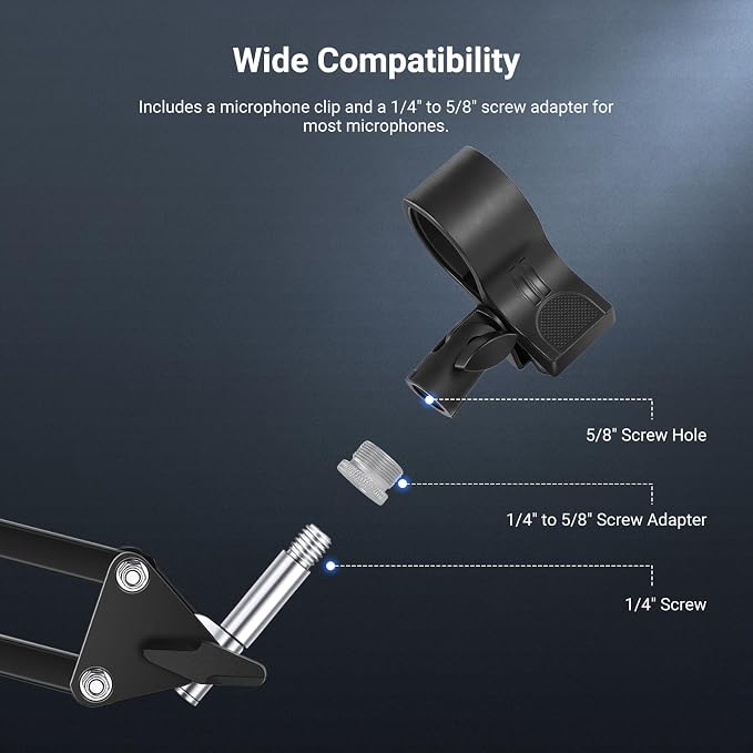NEEWER Desktop Microphone Stand with Flexible Arm, Adjustable Desk Mic Clamp Holder Mount with Clip & 1/4" to 5/8" Adapter Compatible with Shure Razer Seiren Mini Audio Technica AT2020, MS042 - Image 4