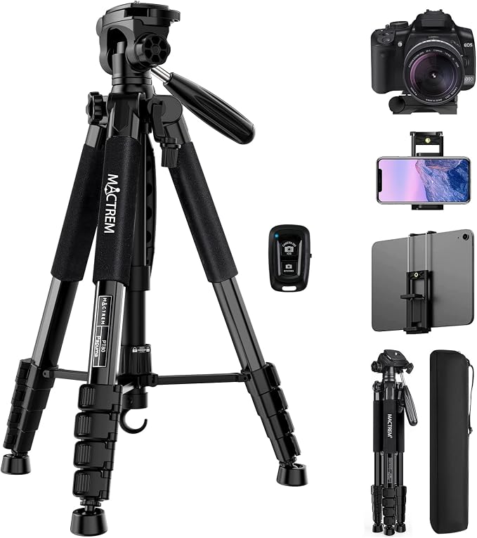 MACTREM 75in Aluminum Lightweight Travel Tripod for DSLR Camera Phone iPad | 3-Way Head 360° Rotation. With Phone iPad Mount, Bluetooth Remote. Stable Aluminum Stand for Video & Photography. by MACTREM