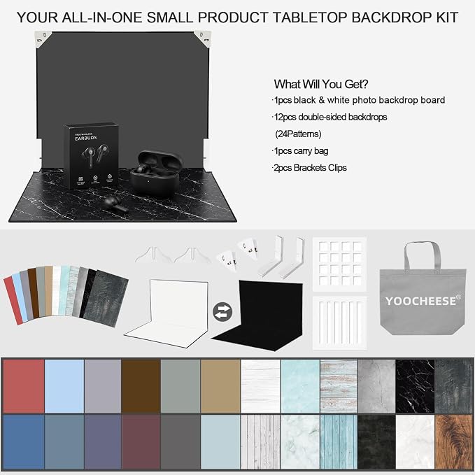 Product Photography Backdrop Kit, 11.7 x 16.5 in, 12 Double-Sided Backdrops | 24 photo background designs, foldable backdrop board and shadow props for food, skincare, jewelry and handmade products. - Image 2