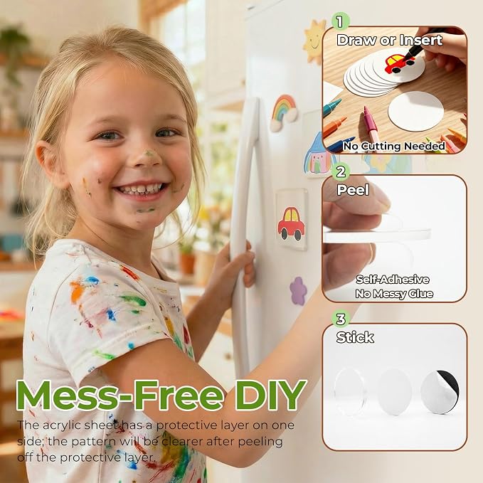 15 Pack Round Clear DIY Fridge Magnets for Whiteboard & Fridge - Self Adhesive Blank Acrylic Craft Kit with Paper Inserts. Mess-Free Art Supplies & Personalized Refrigerator Magnets - Image 2