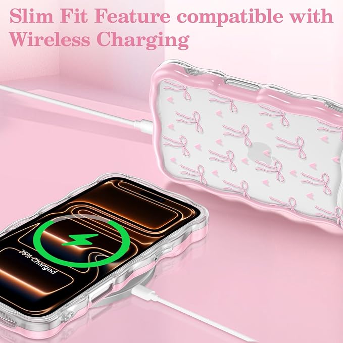 QLTYPRI for iPhone 17 Pro Max Pink Bow Case, Clear Cute Pink Ribbon Bow Phone Case Curly Wavy Aesthetic Phone Cover, Soft Slim Transparent TPU Shockproof Protective Cover for Women Girls - Love Bow - Image 5