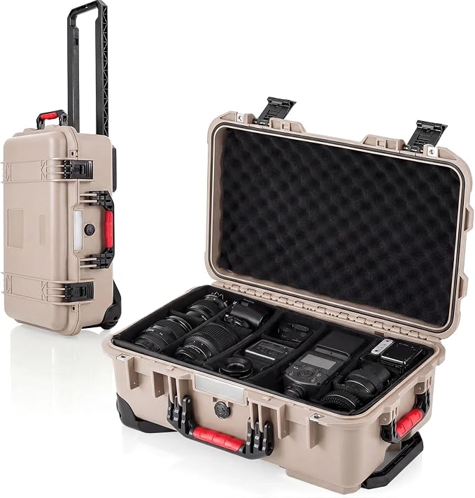 Relaxweex Rolling Camera Hard Case with Padded Dividers & Wheels, Impact-resistant Hard Shell Travel Case for Cameras, Lenses & Accessories(22 x 14 x 9 Inch,Sand Color) by Relaxweex