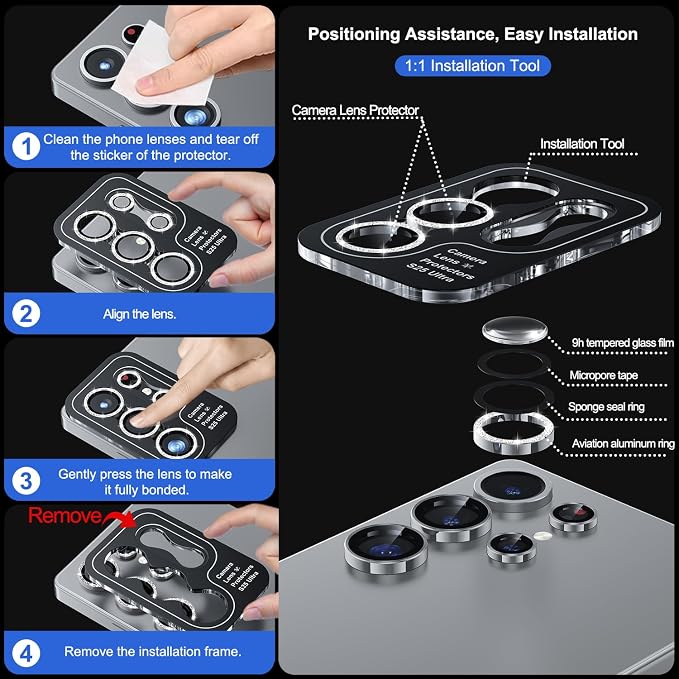 WSKEN for Samsung Galaxy S25 Ultra Camera Lens Protector - Ultra Thin | Case Friendly, 9H Shatterproof Tempered Glass, Anti Scratch Metal Circle, Camera Screen Protector Cover Accessories, Glitter - Image 6