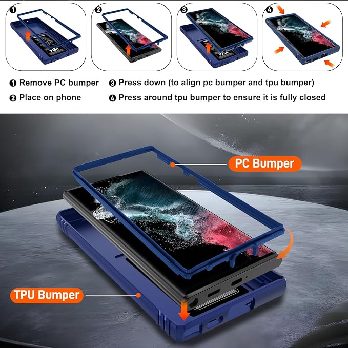 Gritup for Galaxy S22 Ultra Case Military-Grade Shockproof with Kickstand | with 2 PCS Screen Protector, Slide Camera Cover, Heavy Duty Outdoor Protection Funda para Samsung S22 Ultra Cover, Blue - Image 4