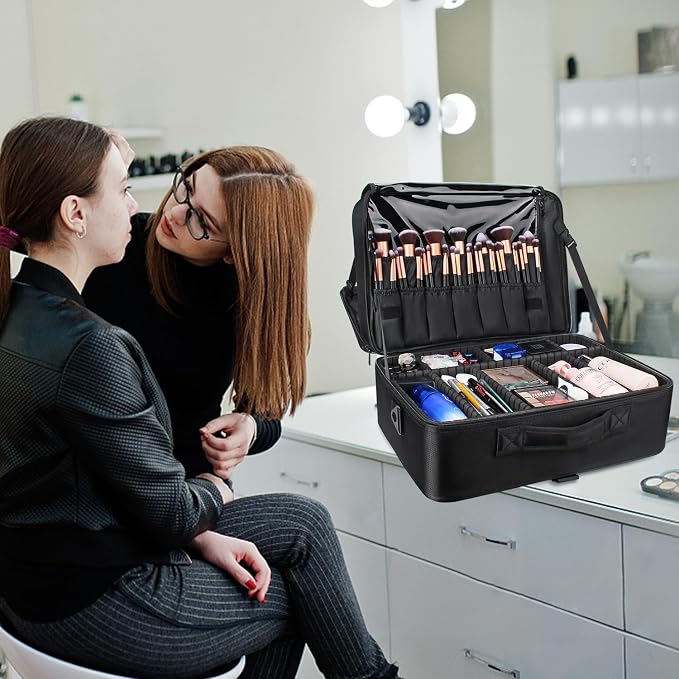 Relavel Extra Large Makeup Case, Makeup Artist Set Bag Professional Cosmetic Organizer Bag Storage Box with Makeup Brush Holder, Adjustable Dividers and Shoulder Strap, Black - Image 6