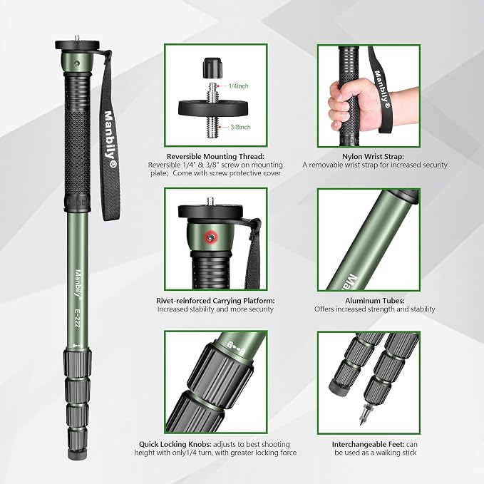 65-Inch Camera Monopod, 5 Sections Aluminum Travel Monopod for Canon Nikon Sony DSLR Cameras Video Camcorder, Compact Portable Lightweight（E-222） (Green) - Image 3